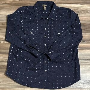 Bit & Bridle Womens 1X Horse Print Navy Long Sleeve Button Up Shirt